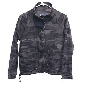 Democracy Womens Camouflage‎ Full Zip Snap Drawstring Jacket Black Gray Small
